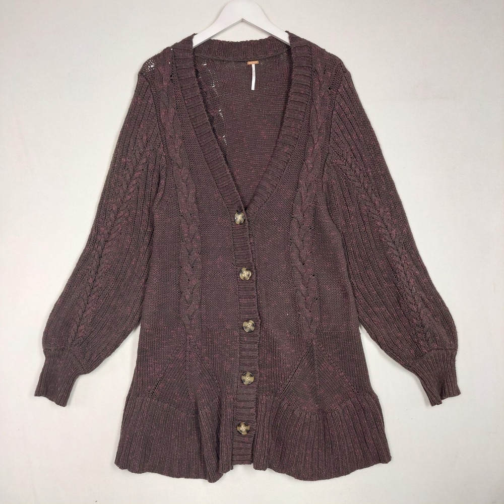 Free People Plum Purple Cable Knit Peplum Balloon Sleeve Cardigan Sweater Large